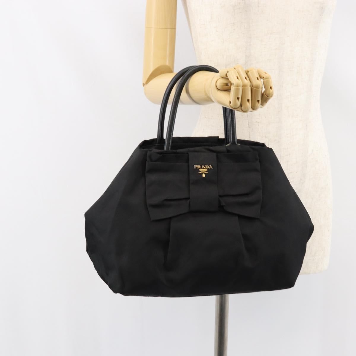 Prada PRADA ribbon Hand Bag Nylon Leather Black Gold Authentic 153236