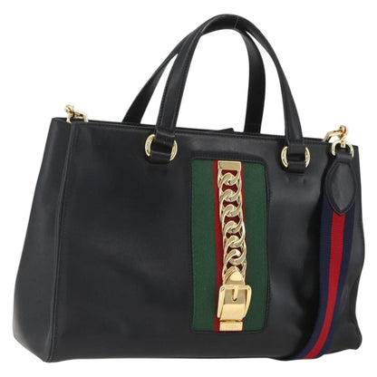 Gucci GUCCI Web Sherry Line Silvi Tote Bag Leather 2way Black Gold 453790 Authentic ki6344