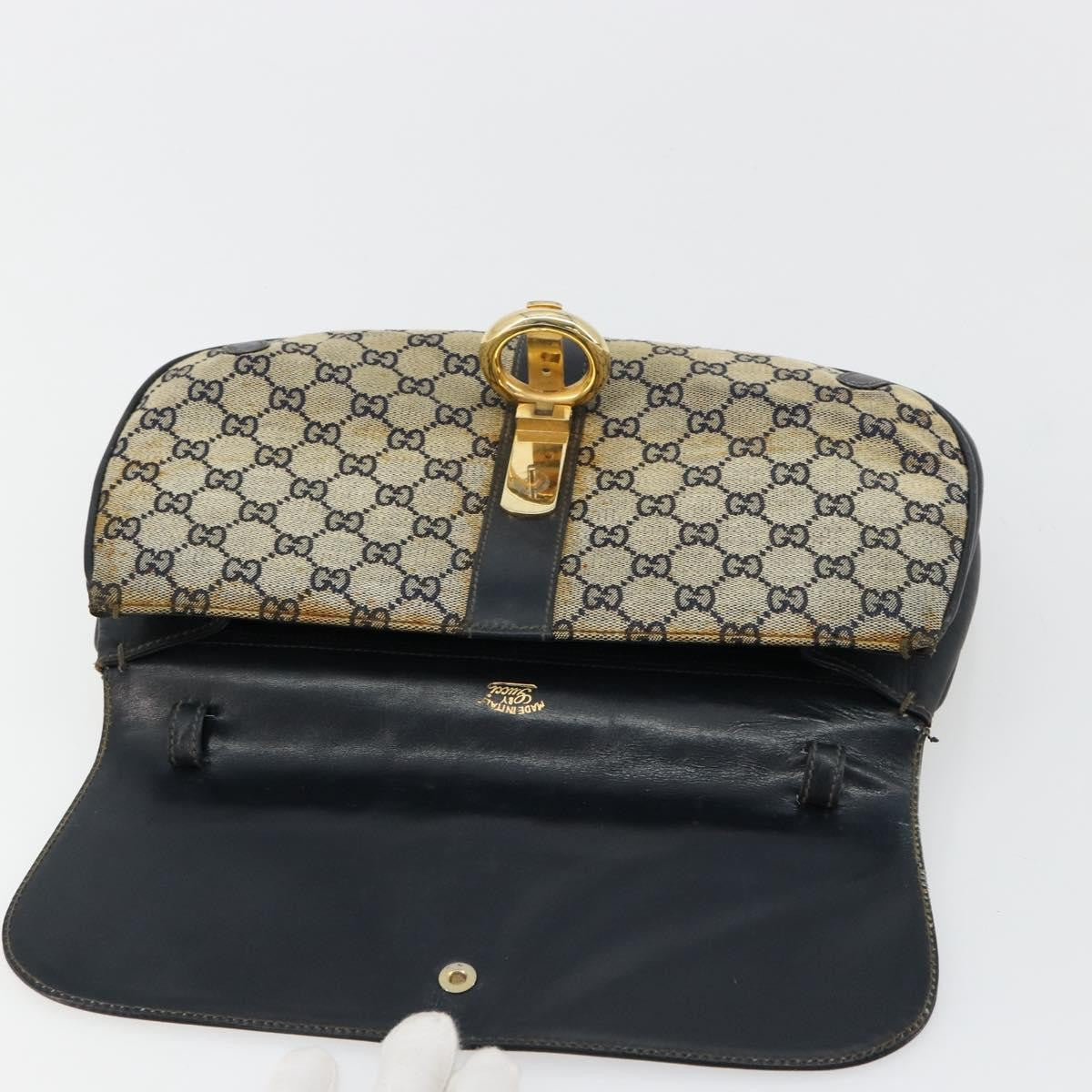 Gucci GUCCI GG Canvas Shoulder Bag Beige Navy Gold Authentic 92734