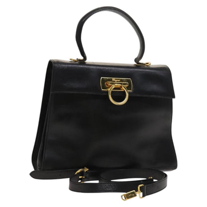 Salvatore Ferragamo Salvatore Ferragamo Gancini Hand Bag Leather 2way Black Gold Authentic BD1703