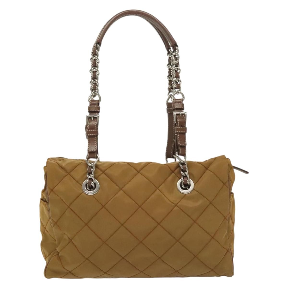 Prada PRADA Chain Shoulder Bag Nylon Beige Silver Authentic 140091