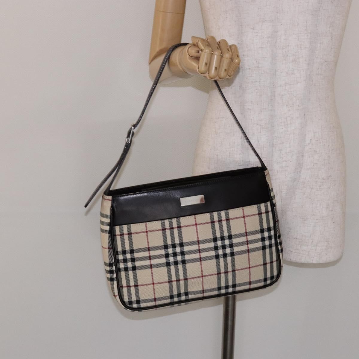Burberry BURBERRY Nova Check Shoulder Bag Canvas Beige Silver Authentic 138176