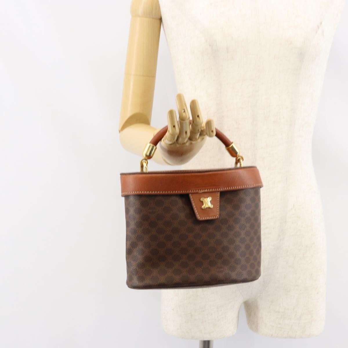 Celine CELINE Macadam Canvas Hand Bag PVC Leather Brown Gold Authentic 153900