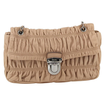 Prada PRADA Chain Shoulder Bag Leather Beige Silver Authentic BSZ397