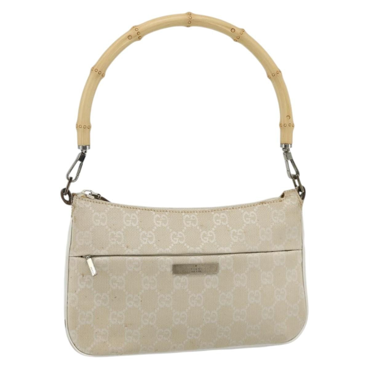 Gucci GUCCI GG Canvas Bamboo Hand Bag Silver Beige 001 3870 Authentic mr2402