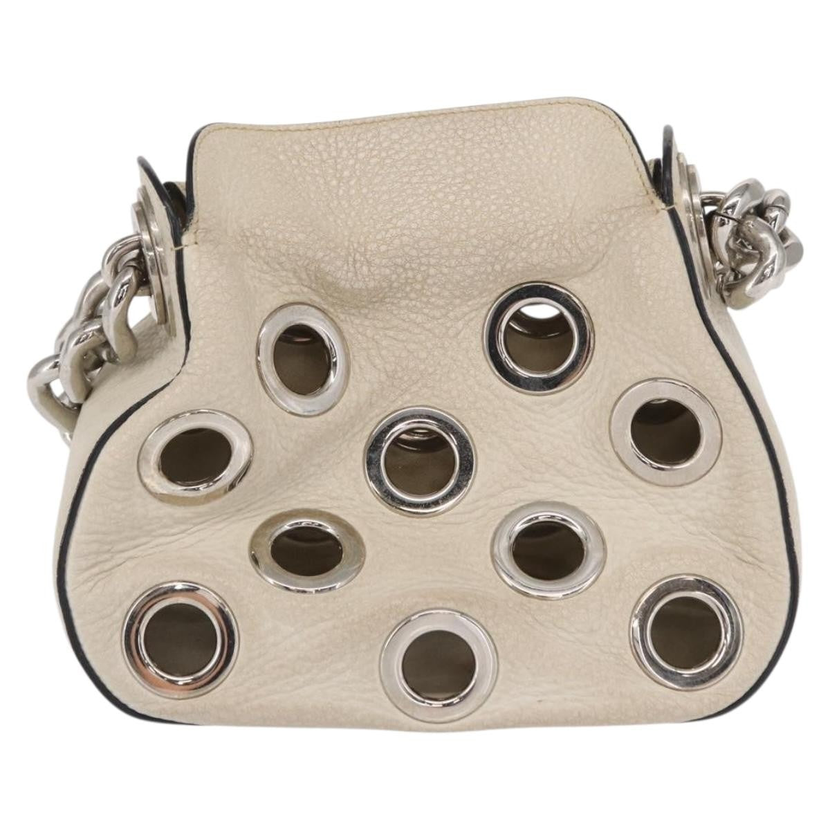 Prada PRADA Grommet Punching Chain Hand Bag Leather Ivory Silver Authentic 165205
