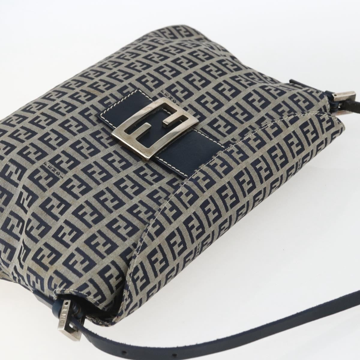Fendi FENDI Zucchino Canvas Shoulder Bag Navy Silver Authentic 159737