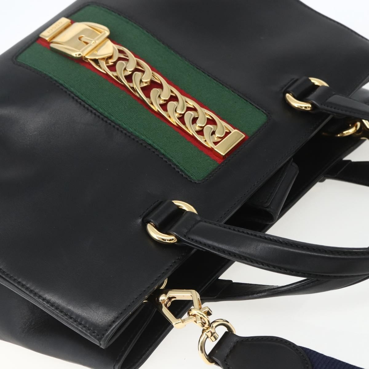 Gucci GUCCI Web Sherry Line Silvi Tote Bag Leather 2way Black Gold 453790 Authentic ki6344