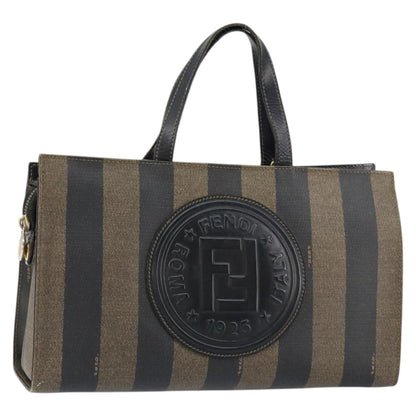 Fendi FENDI Pecan Canvas Hand Bag PVC Black Brown gold Authentic 150002