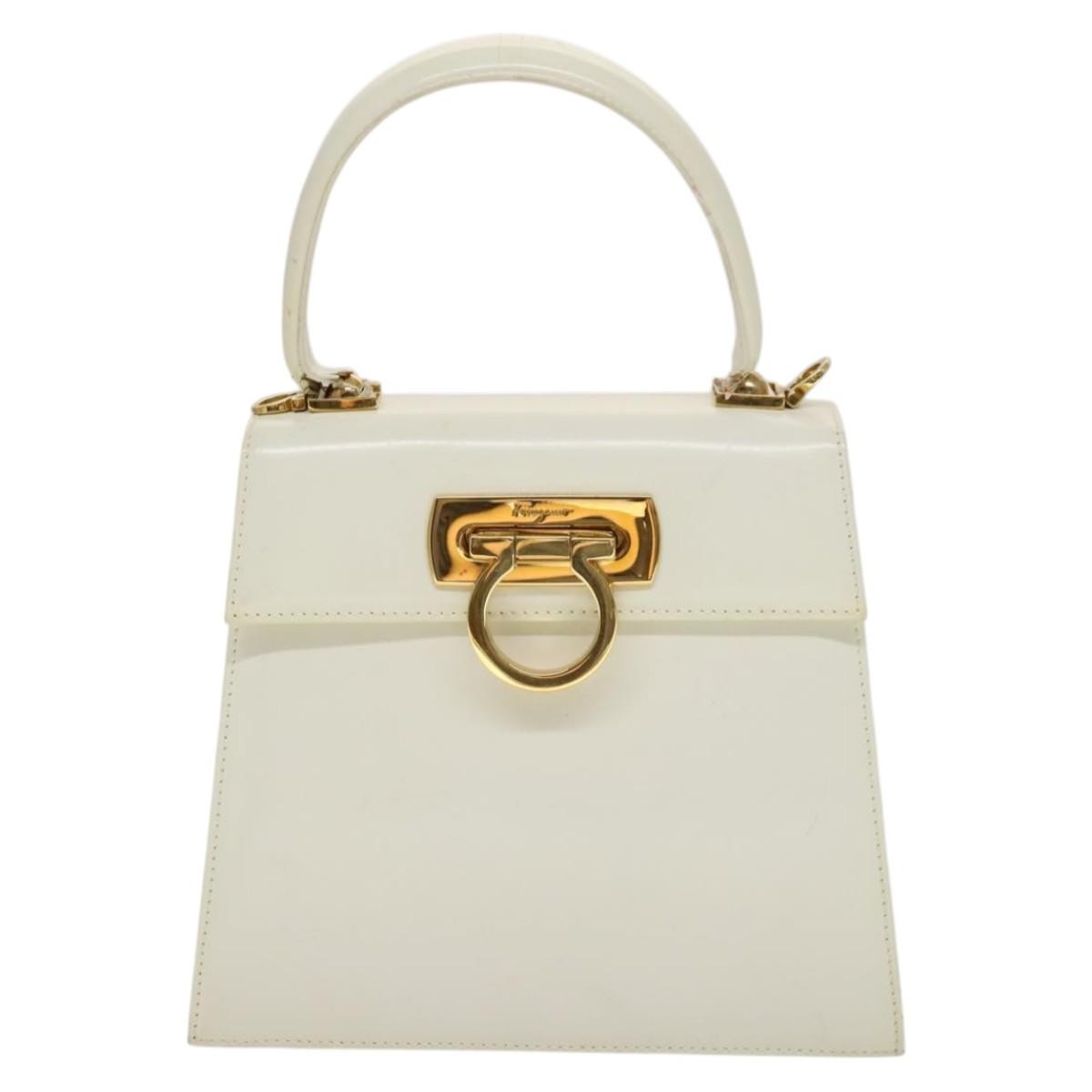 Salvatore Ferragamo Salvatore Ferragamo Gancini Hand Bag Leather 2way White Gold Authentic 134575