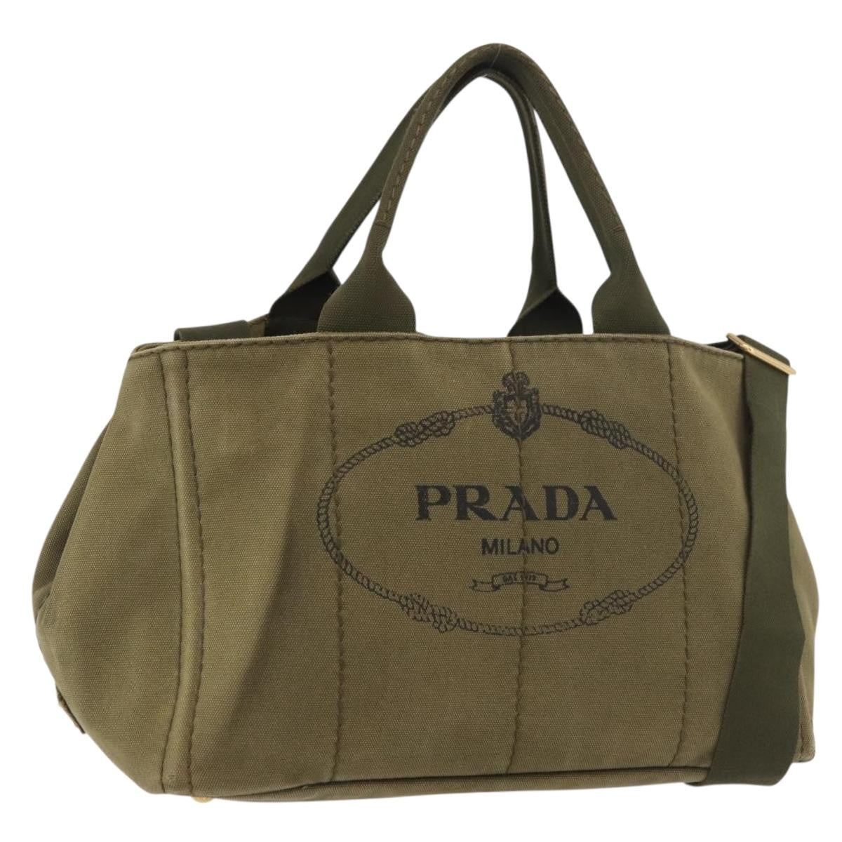 Prada PRADA Canapa MM Hand Bag Canvas 2way Khaki Gold Authentic ti3829