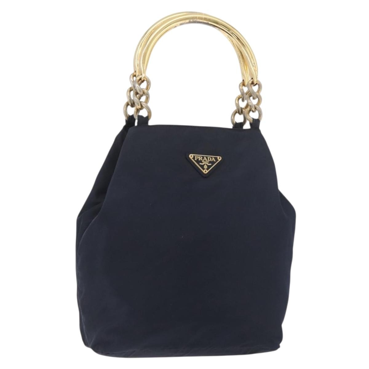 Prada PRADA Metal Handle Hand Bag Nylon Navy Gold Authentic 178739