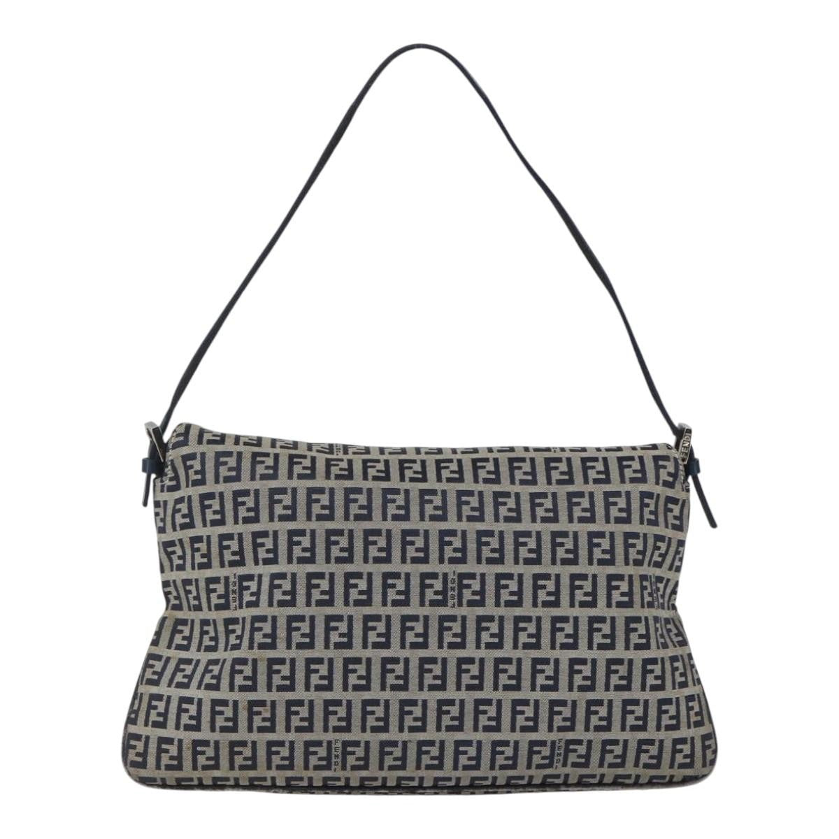 Fendi FENDI Zucchino Canvas Shoulder Bag Navy Silver Authentic 159737