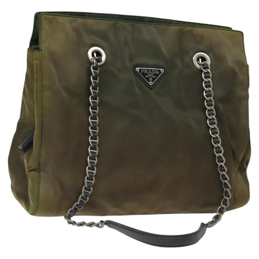 Prada PRADA Chain Shoulder Bag Nylon Khaki Silver Authentic 120140