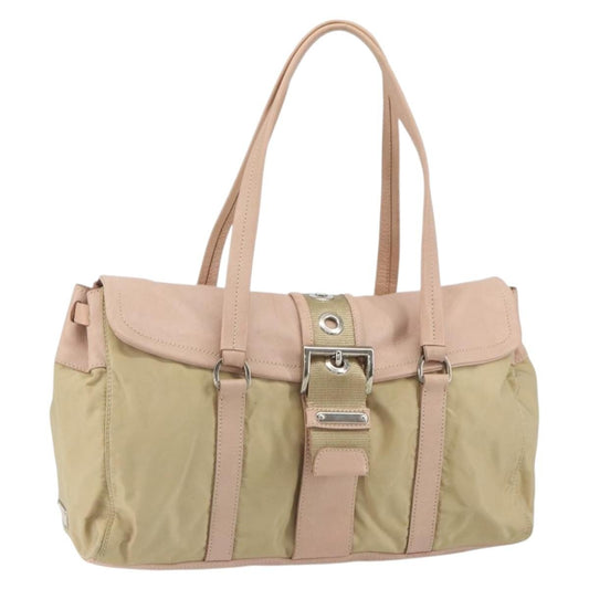 Prada PRADA Tote Bag Nylon Leather Beige Silver Authentic ep12684