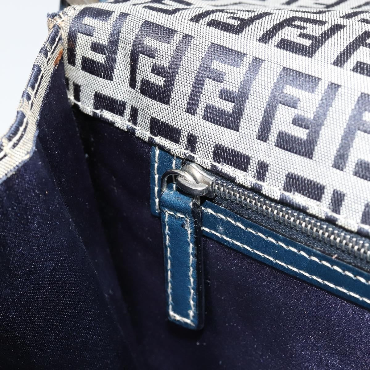 Fendi FENDI Zucchino Canvas Shoulder Bag Navy Silver Authentic 182201V