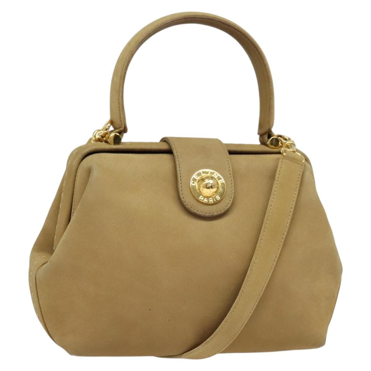 Celine CELINE Hand Bag Leather 2way Beige Gold Authentic sw1099