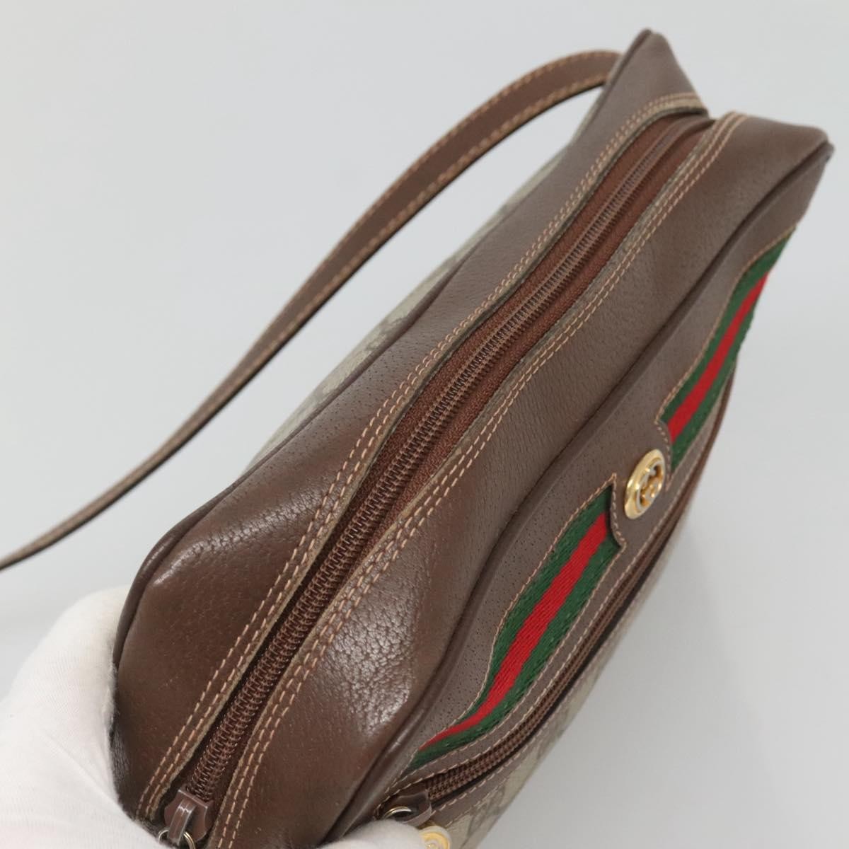 Gucci GUCCI GG Supreme Web Sherry Line Bag PVC Beige Gold Red 56 02 088 Authentic BA2392