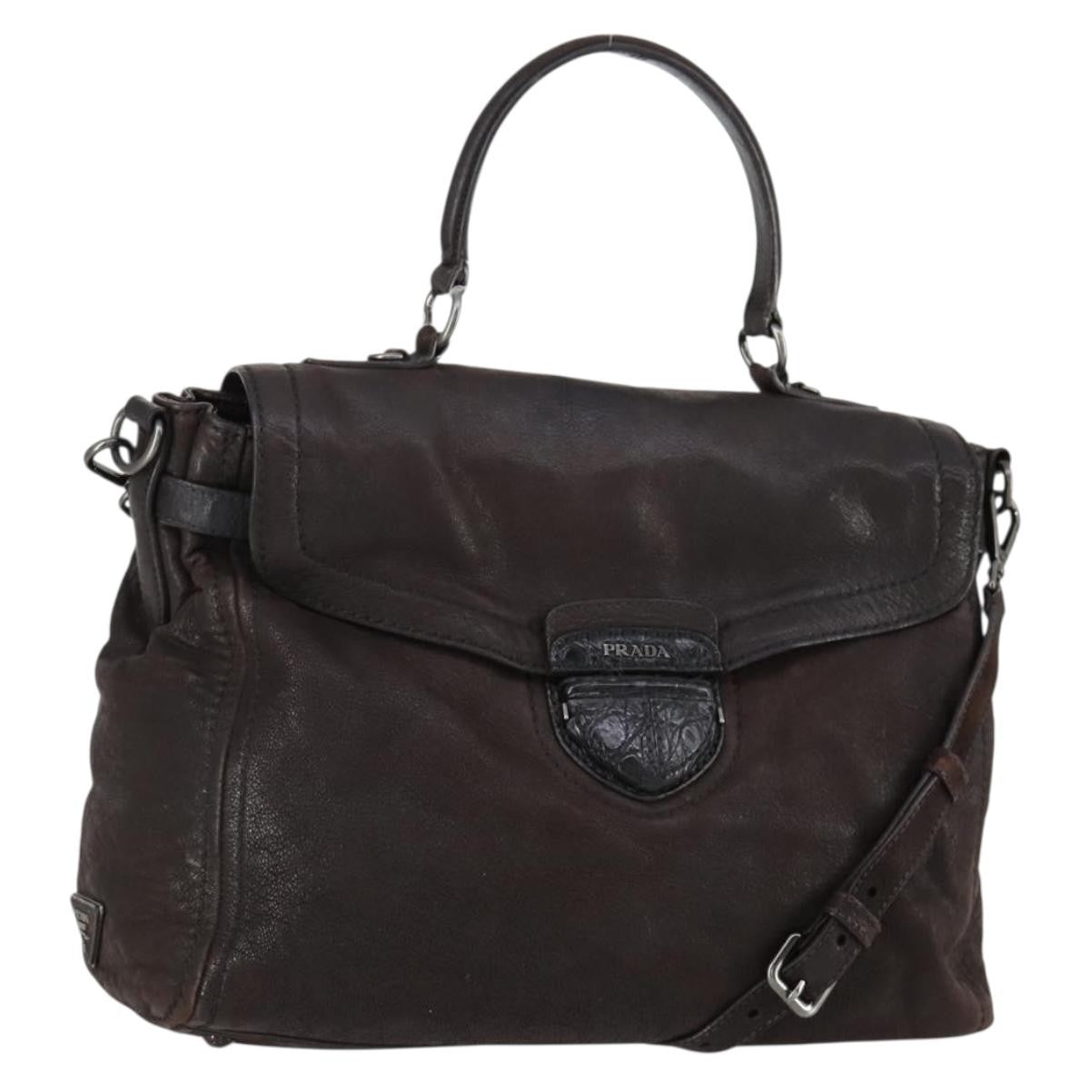 Prada PRADA Hand Bag Leather 2way Brown Silver Authentic 153083