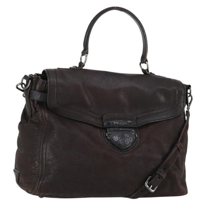 Prada PRADA Hand Bag Leather 2way Brown Silver Authentic 153083