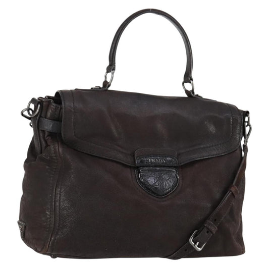 Prada PRADA Hand Bag Leather 2way Brown Silver Authentic 153083
