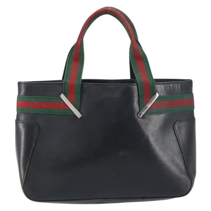 Gucci GUCCI Web Sherry Line Hand Bag Leather Black Silver 73984 Authentic 158386