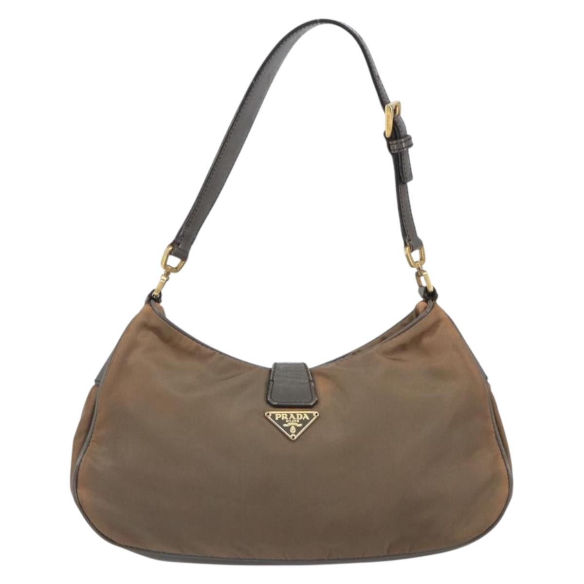 Prada PRADA Hand Bag Nylon Leather Gold Brown Authentic mr1761
