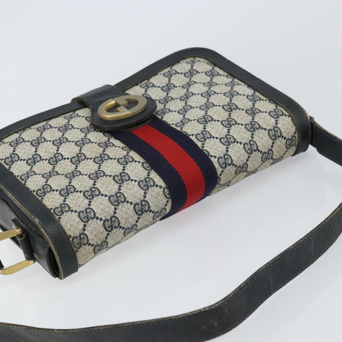 Gucci GUCCI GG Supreme Sherry Line Shoulder Bag PVC Navy Gold Authentic 160298