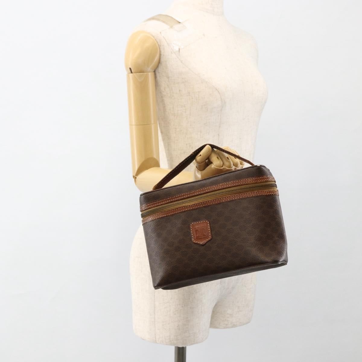 Celine CELINE Macadam Canvas Vanity Hand Bag PVC Leather Brown Gold Authentic ka2851