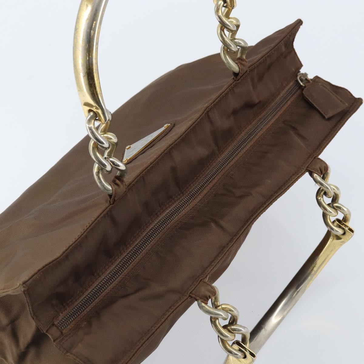 Prada PRADA Chain Hand Bag Nylon Brown Gold Authentic YKZ136