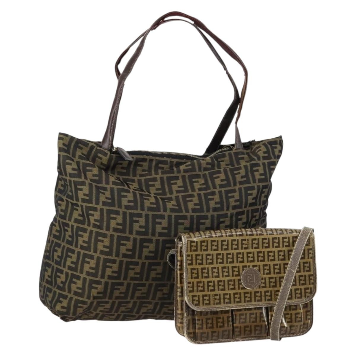 Fendi FENDI Zucca Canvas Zucchino Canvas Hand Bag Enamel 2 Set Black Brown Authentic hk3167