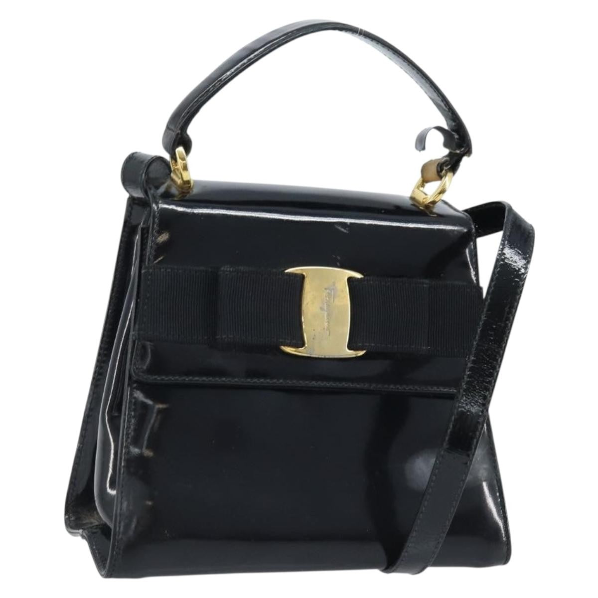 Salvatore Ferragamo Salvatore Ferragamo Vala Hand Bag Patent leather 2way Black Gold Authentic LNZ738