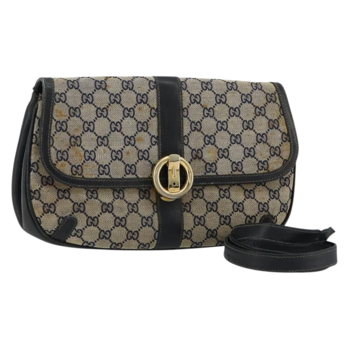 Gucci GUCCI GG Canvas Shoulder Bag Beige Navy Gold Authentic 92734