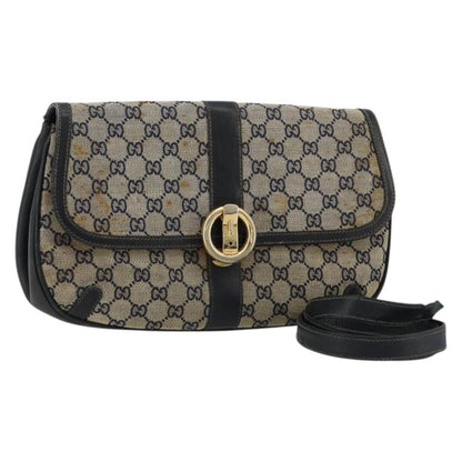 Gucci GUCCI GG Canvas Shoulder Bag Beige Navy Gold Authentic 92734