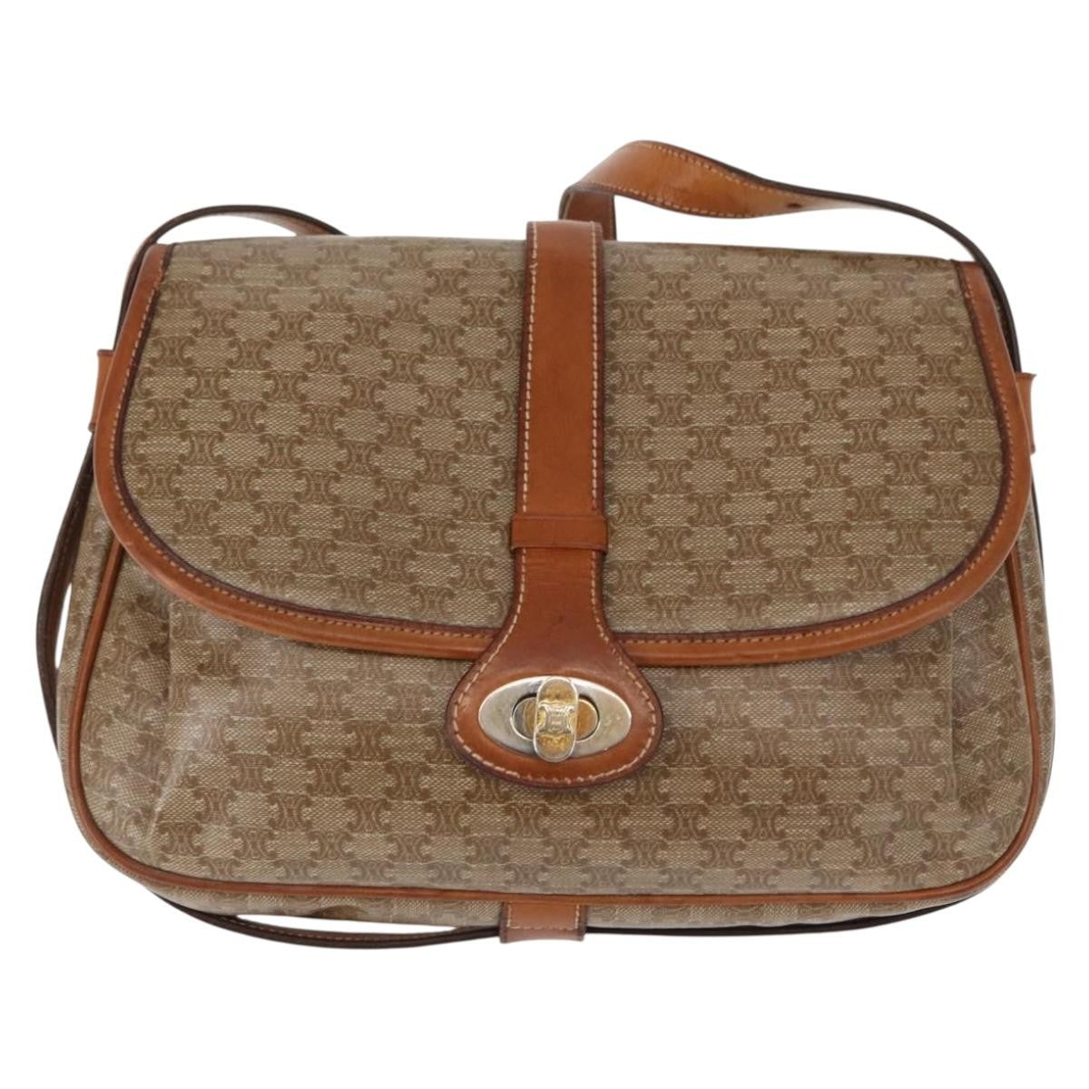 Celine CELINE Macadam Canvas Shoulder Bag PVC Beige Gold Authentic ka119