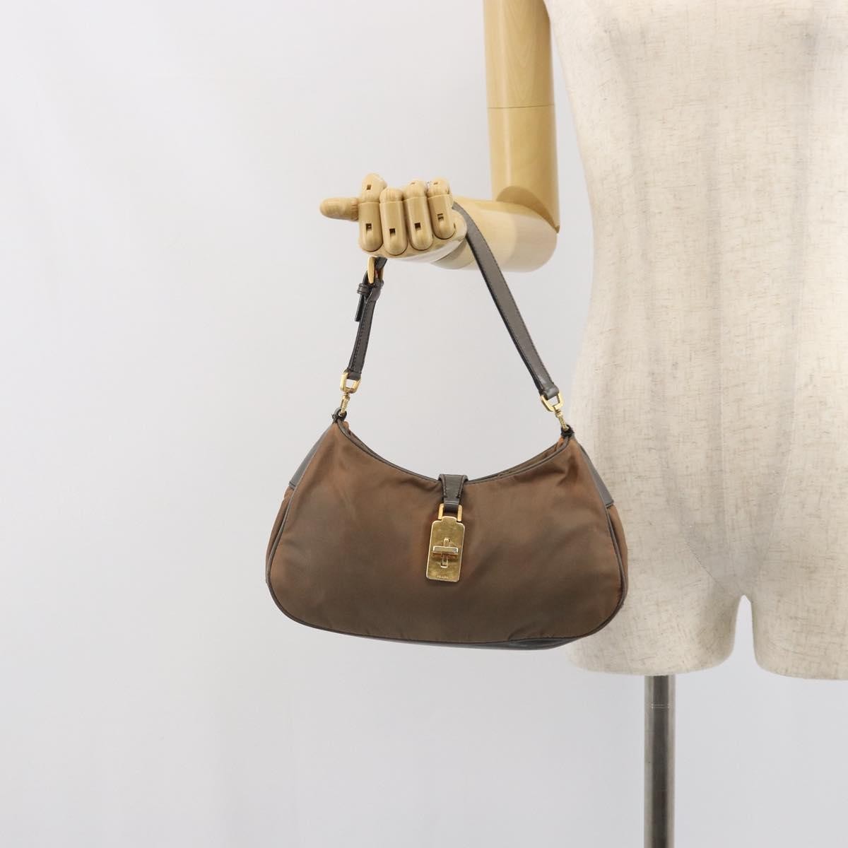Prada PRADA Hand Bag Nylon Leather Gold Brown Authentic mr1761