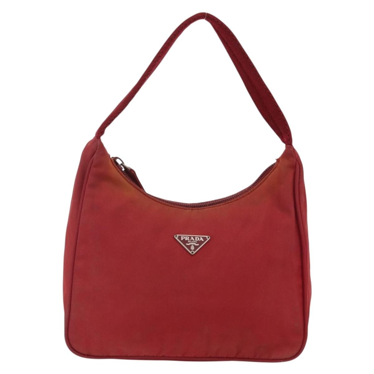 Prada PRADA Hand Bag Nylon Red Silver Authentic LNZ991