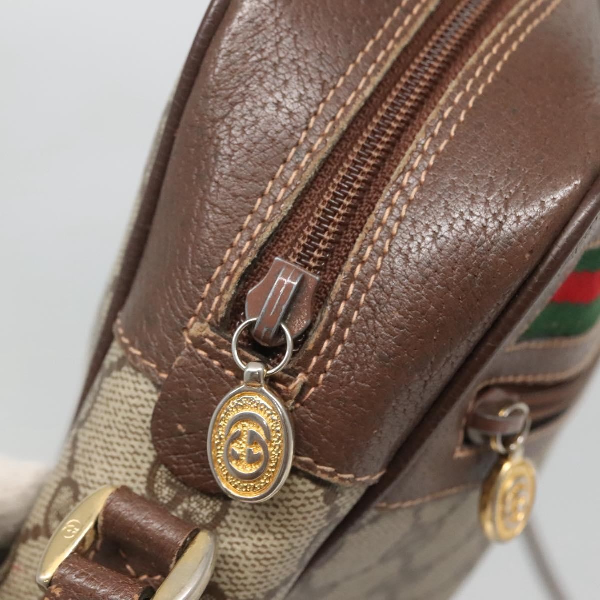 Gucci GUCCI GG Supreme Web Sherry Line Bag PVC Beige Gold Red 56 02 088 Authentic BA2392