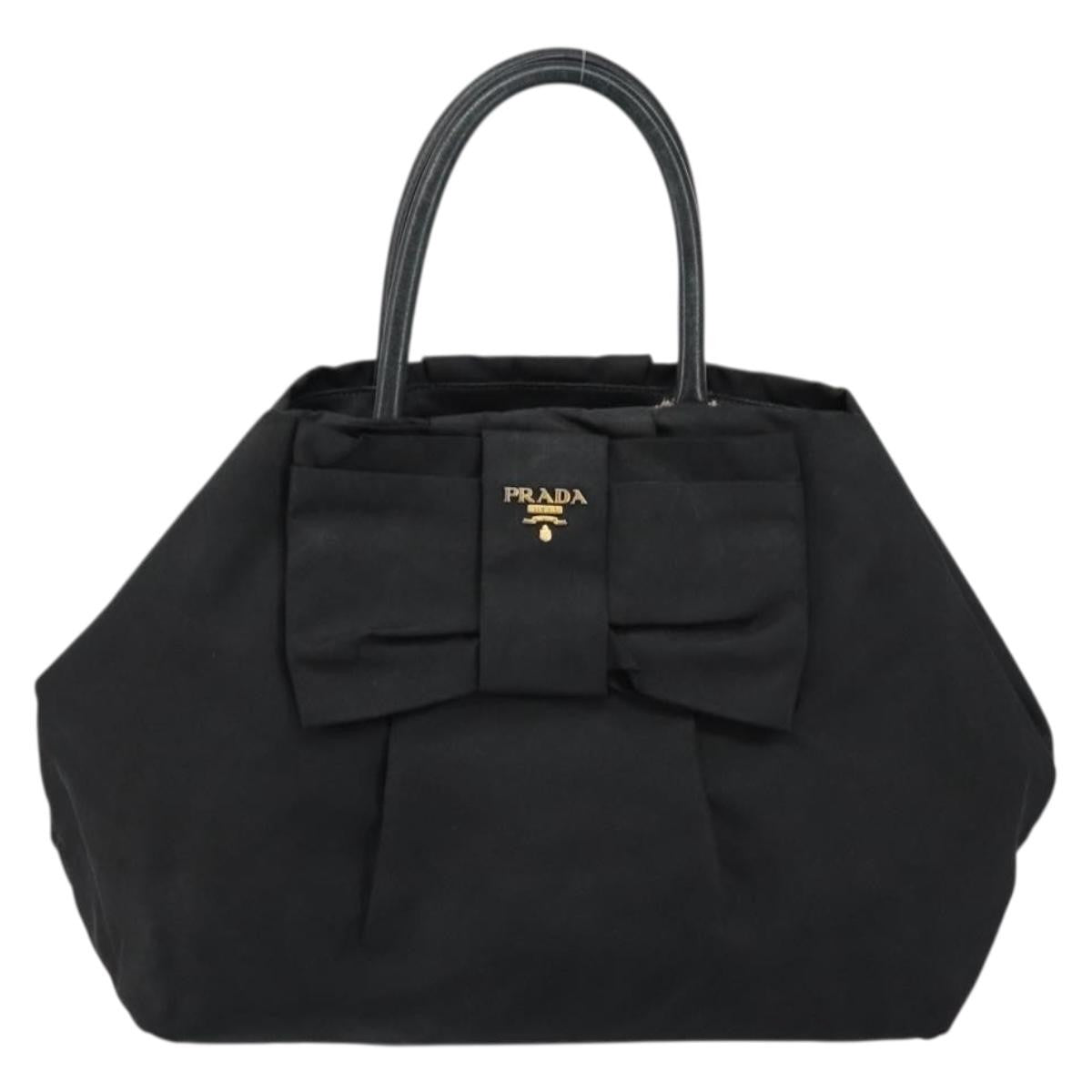 Prada PRADA ribbon Hand Bag Nylon Leather Black Gold Authentic 153236