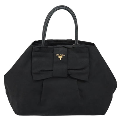 Prada PRADA ribbon Hand Bag Nylon Leather Black Gold Authentic 153236