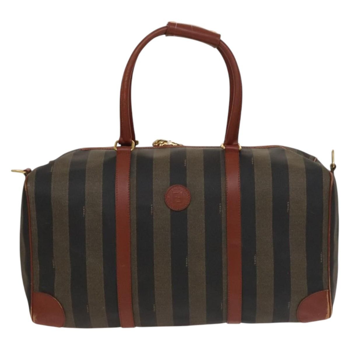 Fendi FENDI Pecan Canvas Boston Bag Black Brown gold Authentic ep10025