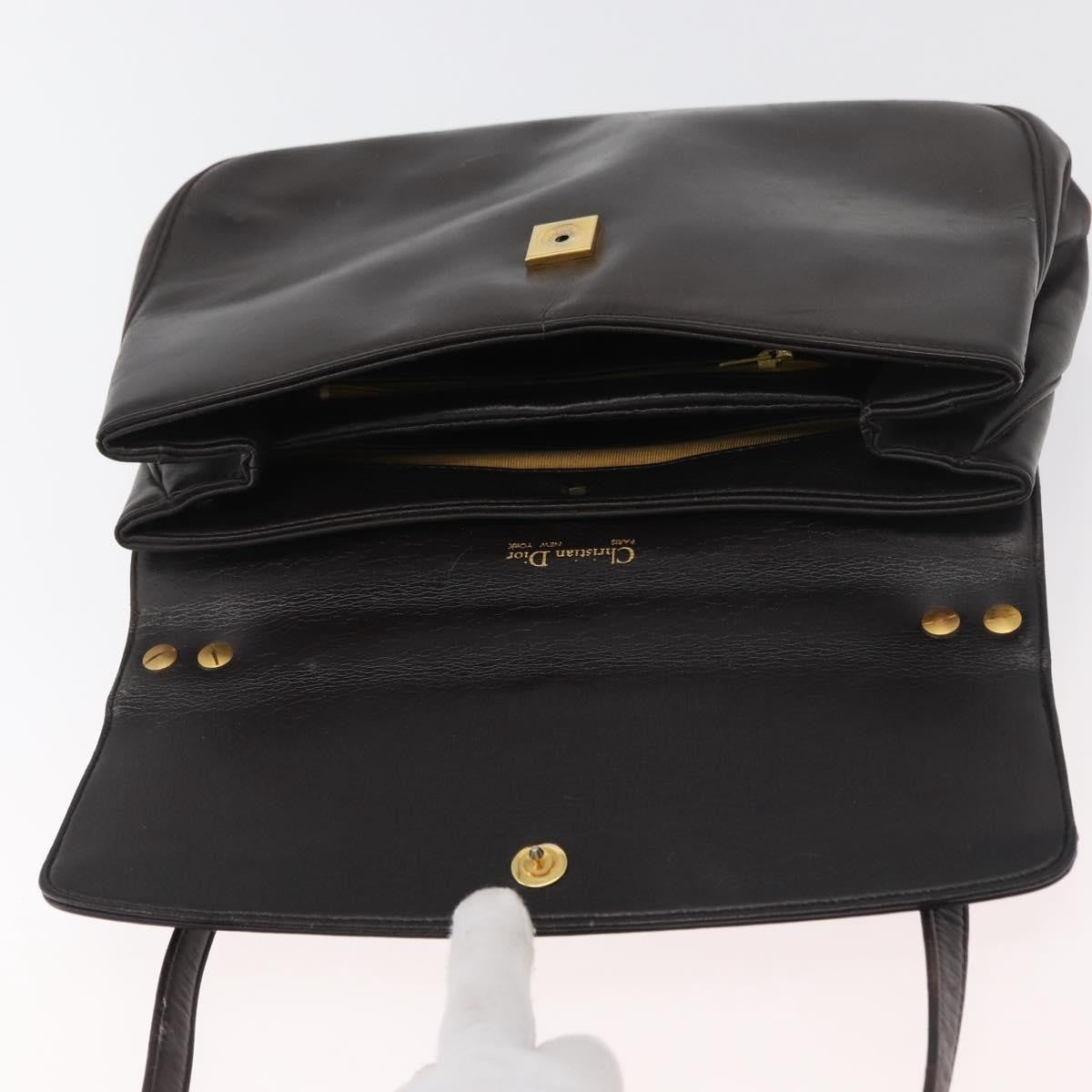 Dior Christian Dior Hand Bag Calf Skin 2way Dark Brown Gold Authentic 180355