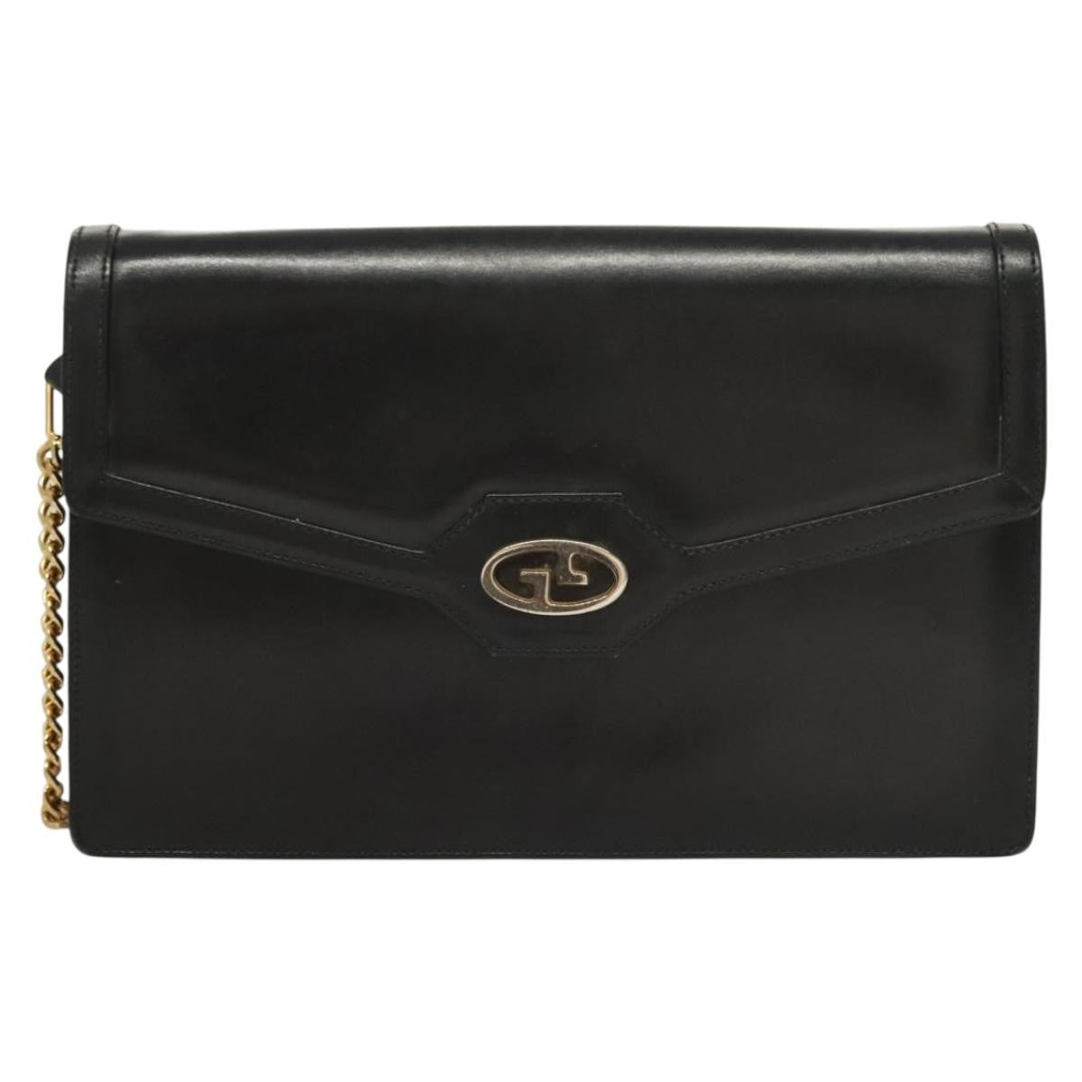 Gucci GUCCI Chain Shoulder Bag Leather Black Gold Authentic ep9431
