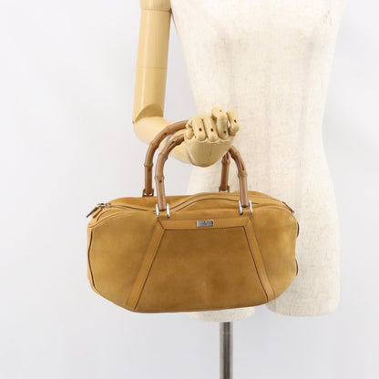 Gucci GUCCI Bamboo Hand Bag Suede Brown Silver Authentic ep11709