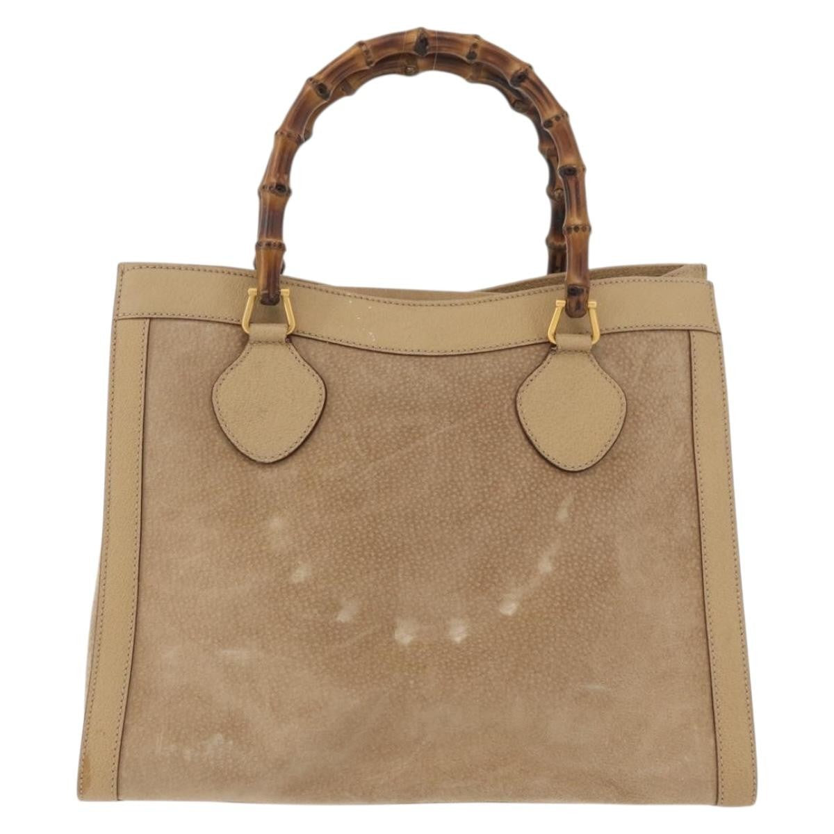 Gucci GUCCI Bamboo Hand Bag Suede Beige Gold 002.0260 Authentic ep14510