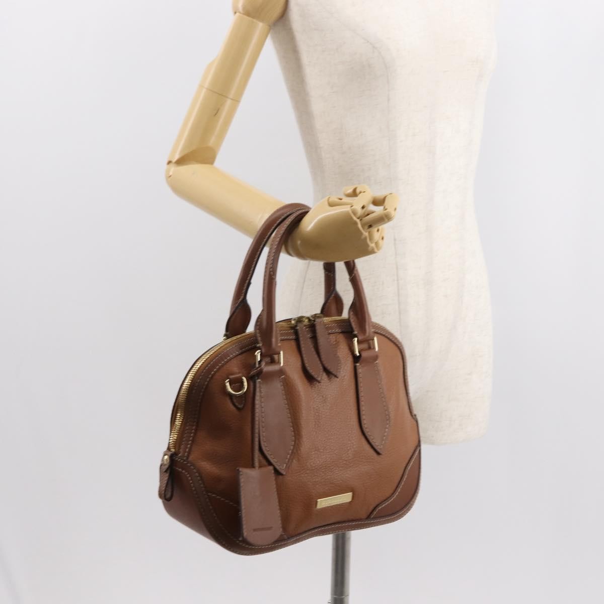 Burberry BURBERRY Hand Bag Leather Brown Gold Authentic ep11577