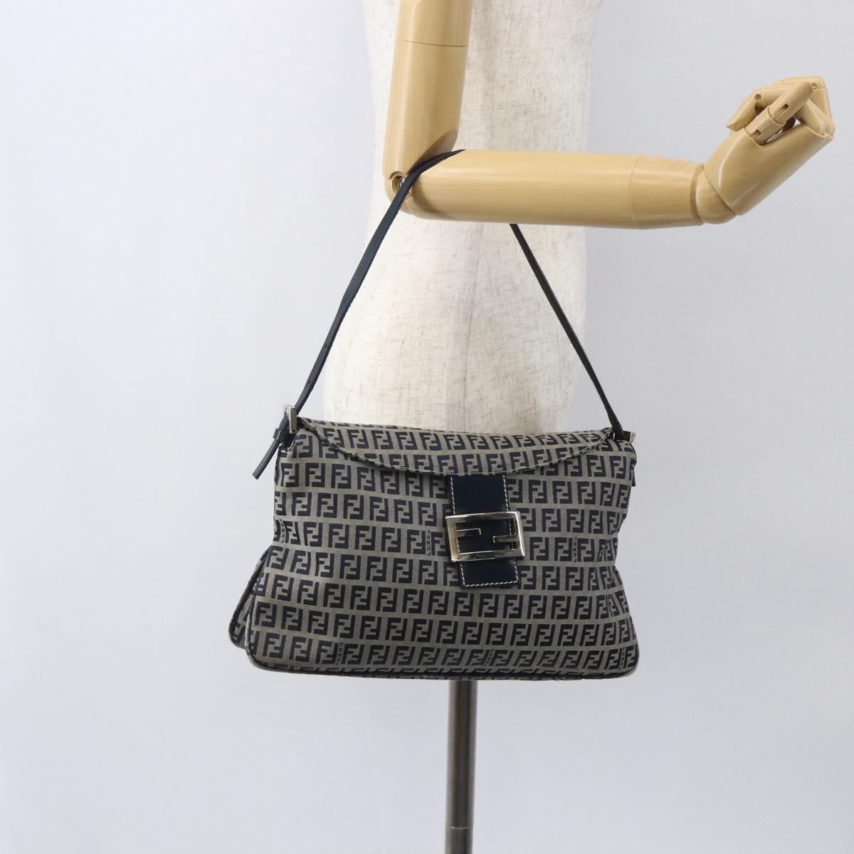 Fendi FENDI Zucchino Canvas Shoulder Bag Navy Silver Authentic 159737