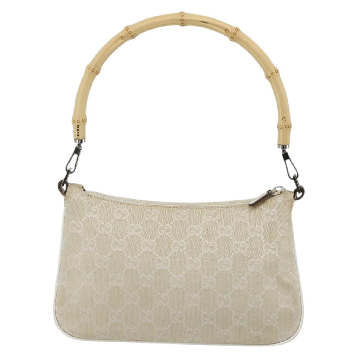 Gucci GUCCI GG Canvas Bamboo Hand Bag Silver Beige 001 3870 Authentic mr2402