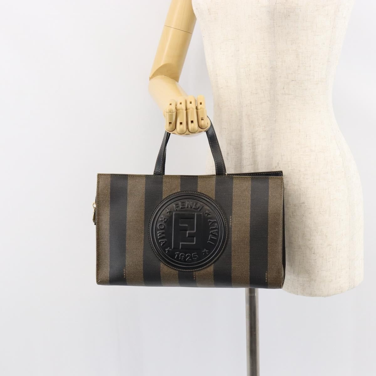 Fendi FENDI Pecan Canvas Hand Bag PVC Black Brown gold Authentic 150002