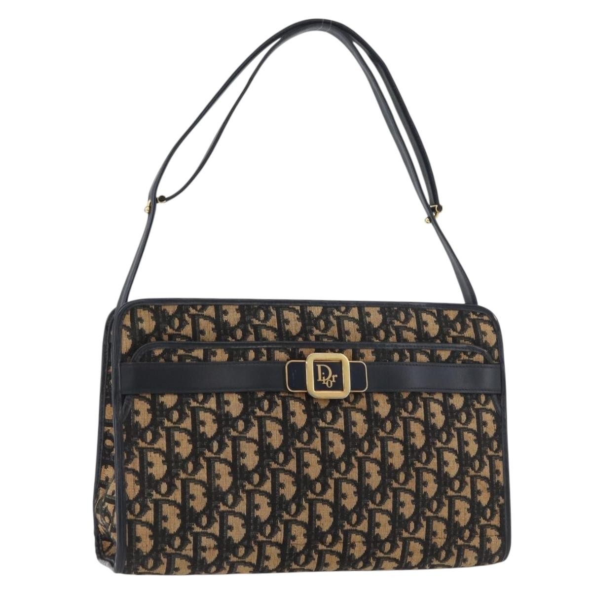 Dior Christian Dior Trotter Canvas Shoulder Bag Navy Gold Authentic 181395